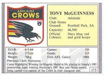 1992 AFL Regina #173 Tony McGuinness Back